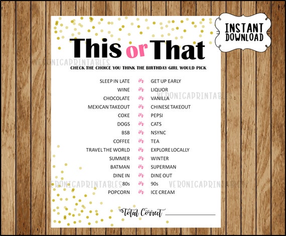 Fun Adult Birthday Game This or That Would You Rather | Etsy