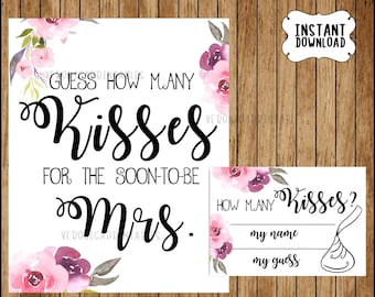 Guess How Many Kisses, Guess How Many Kisses for the Mrs . Bridal Shower Game, Wedding Shower Game, Bachelorette Party Night