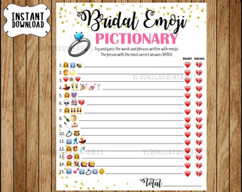 Bridal Shower Game Pictionary, EMOJI Pictionary, Coral and Gold, Instant Printable Digital Download, diy Bridal Shower Printables