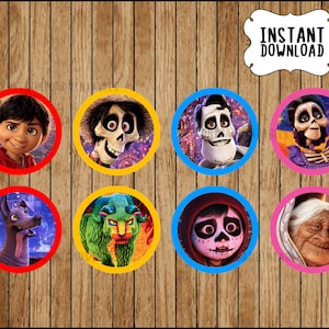 May include: Eight colorful round stickers featuring characters from the animated movie Coco. The stickers feature Miguel, Hector, Dante the dog, Mama Imelda, and other characters from the film.