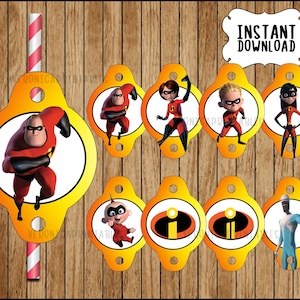 Etiquetas con pajitas de Los Increíbles para descargar al instante, etiquetas con pajitas para fiestas de Los Increíbles, adornos con pajitas de Los Increíbles para imprimir