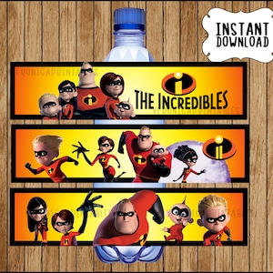Téléchargement instantané des étiquettes de bouteille d'eau Indestructibles, étiquettes de bouteille de fête The Incredibles, étiquettes de bouteille Incredibles