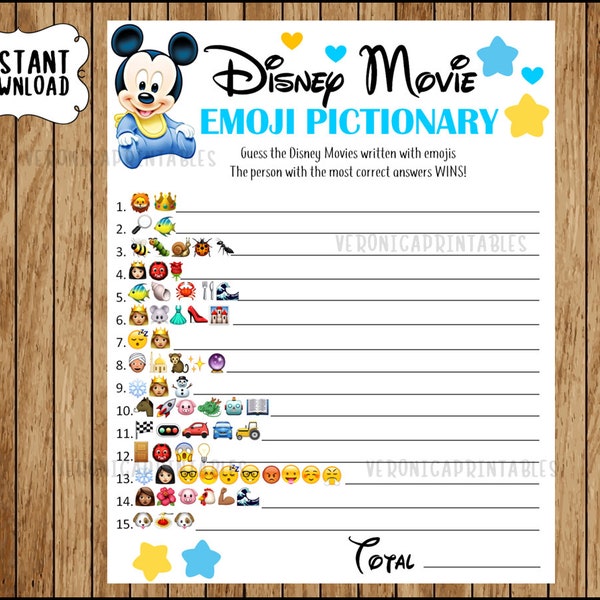 Movie EMOJI Pictionary Baby Shower Game, Mickey Baby theme, ANSWERS included, Instant Download