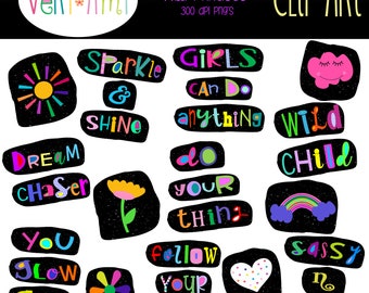 Wild Phrases Clip Art Instant Download PNG Clipart Scrapbooking Crafting Stickers Clip Art Bundle Rainbow Flower Heart Girl Clipart Colorful