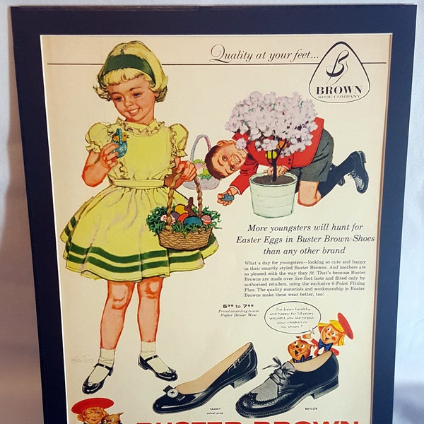 Vintage Brown Shoes Print Advertisement featuring Buster Brown and Tige, 1950s, Wall-Art, Mounted for 11x14 Frame