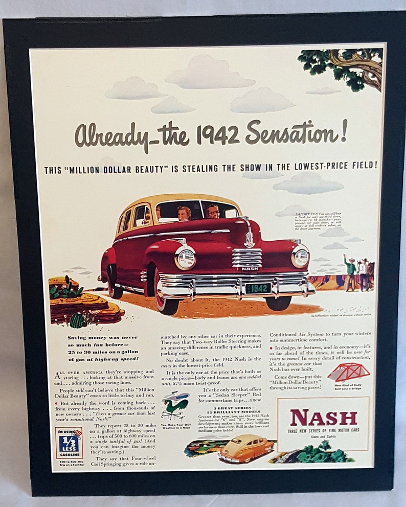 Wall-Art Vintage Nash Ambassador Magazine Advertisement Mounted for Framing Travel-Art 1940s Automobile-Art