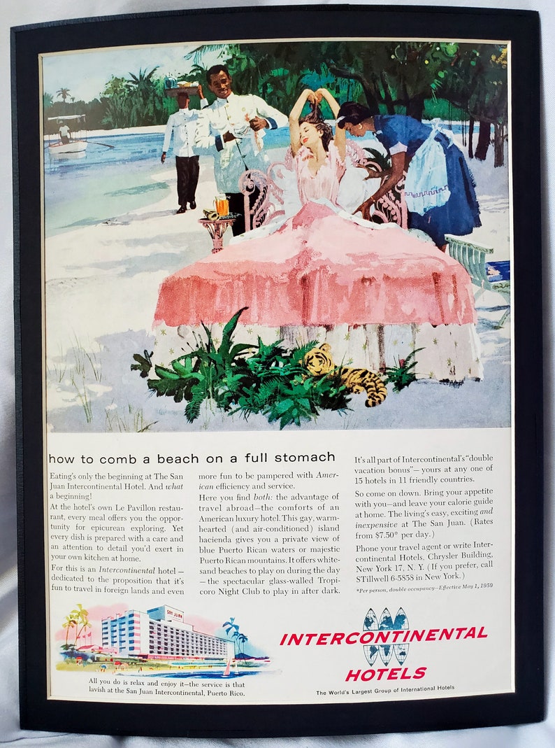 1950s Mounted for Framing Bernie Fuchs Vintage Intercontinental Hotel Magazine Advertisement featuring El San Juan Hotel