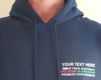 Custom Printed BOTH SIDES New Personalised Top Quality Pull Over HOODIE - Hooded Sweatshirt. Various colours & sizes. Promotional Work Wear.