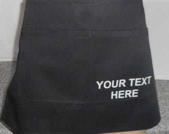 New Quality WAIST APRON with POCKETS Custom Printed Personalised. One size fits all. Choice of fonts and print colours. Printed in England