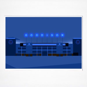 Mounted Goodison Park. Giclee w formacie poziomym. Widok Park End nocą. Everton Football Club. Dzieło sztuki Everton. Podpisany przez artystę.