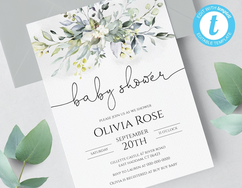 Greenery Boho Printable Kid Shower Invitation Template, Straightforward, No Downloading computer software! image about Printable Baby Shower Invitation Templates identify Greenery Boho Printable Youngster Shower Invitation Template, Basic, No Downloading application!