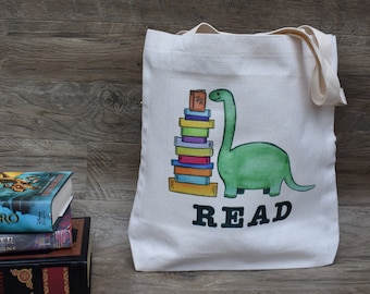 Reading Dinosaur Tote Bag ~ Literary Bag ~ Library Bag ~ Nerdy Dino Tote