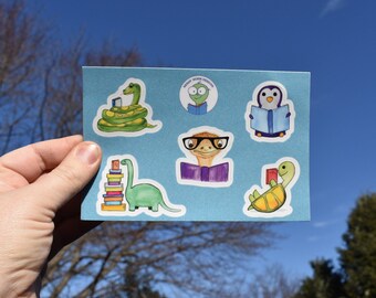 Animals Sticker Sheet - Cute Reading Animals ~ Waterproof Vinyl Decal Sticker for Laptop Water Bottle