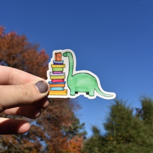 Reading Dinosaur Stack of Books ~ Waterproof Vinyl Decal Sticker for Laptop Water Bottle