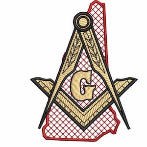 May include: Embroidered Masonic symbol featuring a compass and square with a letter "G" in the center, set against a red and white background. The design is detailed with gold, black, and red stitching, showcasing a classic emblem.