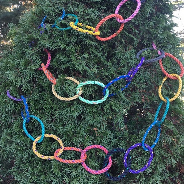 9' Reusable Festive Garland, Christmas Garland, Maine made with reclaimed lobster rope, outdoor holiday decor, Colorful hanging card holder