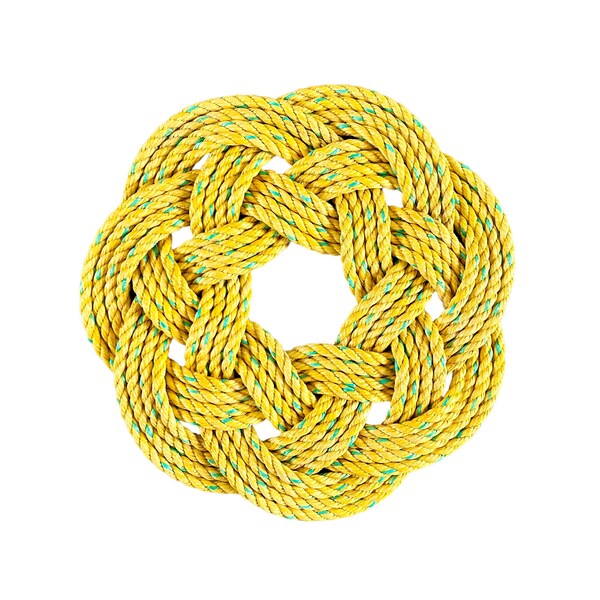 Four Wind Wreath in Yellow Slickah, Yellow rope wreath, Upcycled lobster rope wreath, Nautical outdoor wreath, Made in Maine by WharfWarp