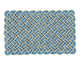 Surf Doormat, Nautical lobster rope doormat, Made in Maine, Blue and yellow welcome mat, Upcycled front door mat by Wharf Warp