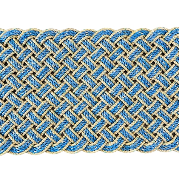Surf Doormat, Nautical lobster rope doormat, Made in Maine, Blue and yellow welcome mat, Upcycled front door mat by Wharf Warp