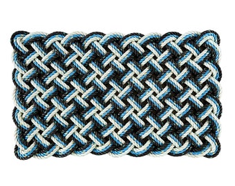 Coastline Rope Mat - Chunky, Nautical blue welcome mat, Reclaimed rope doormat, Maine made, lobster rope entry mat, Upcycled by WharfWarp