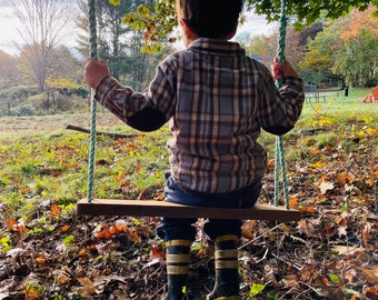 Outdoor rope swing from reclaimed rope and cedar seat, upcycled lobster rope and wood porch swing, rustic swing, Maine made by WharfWarp