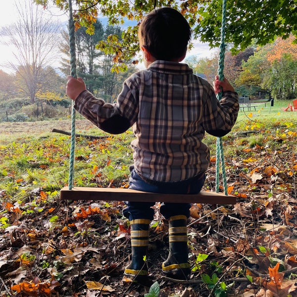 Outdoor rope swing from reclaimed rope and cedar seat, upcycled lobster rope and wood porch swing, rustic swing, Maine made by WharfWarp