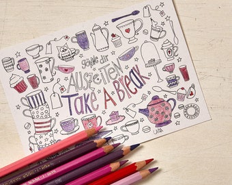 Coloring-Postcard-Set: 6 postcards to color in "Gönne dir Auszeiten" / "Take a break" (selfcare)