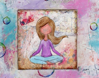 Mixed-media Original "Let go" auf Holz, ca. 48cm x 48cm x 5cm - für Yoga-Liebhaber oder die Meditationsecke