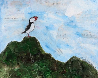 LONGING FOR SCOTLAND - canvas - mixed media original, art, wall art,  about 30cm x 30cm, puffin