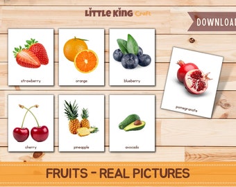 Fruits Flashcard (image réelle), carte flash imprimable montessori, Cartes d'impression de fruits, Nomenclature FlashCards, carte en trois parties d'images de fruits