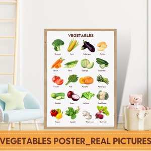 Cartel de verduras (imágenes reales), cartel Montessori imprimible, cartel de aprendizaje de educación en el hogar, aula de guardería para niños