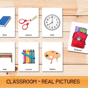 Vraies images de classe, Vocabulaire de la classe en anglais, Cartes-éclair pour la classe, Fournitures scolaires, Objets pour la classe, Liste des classes