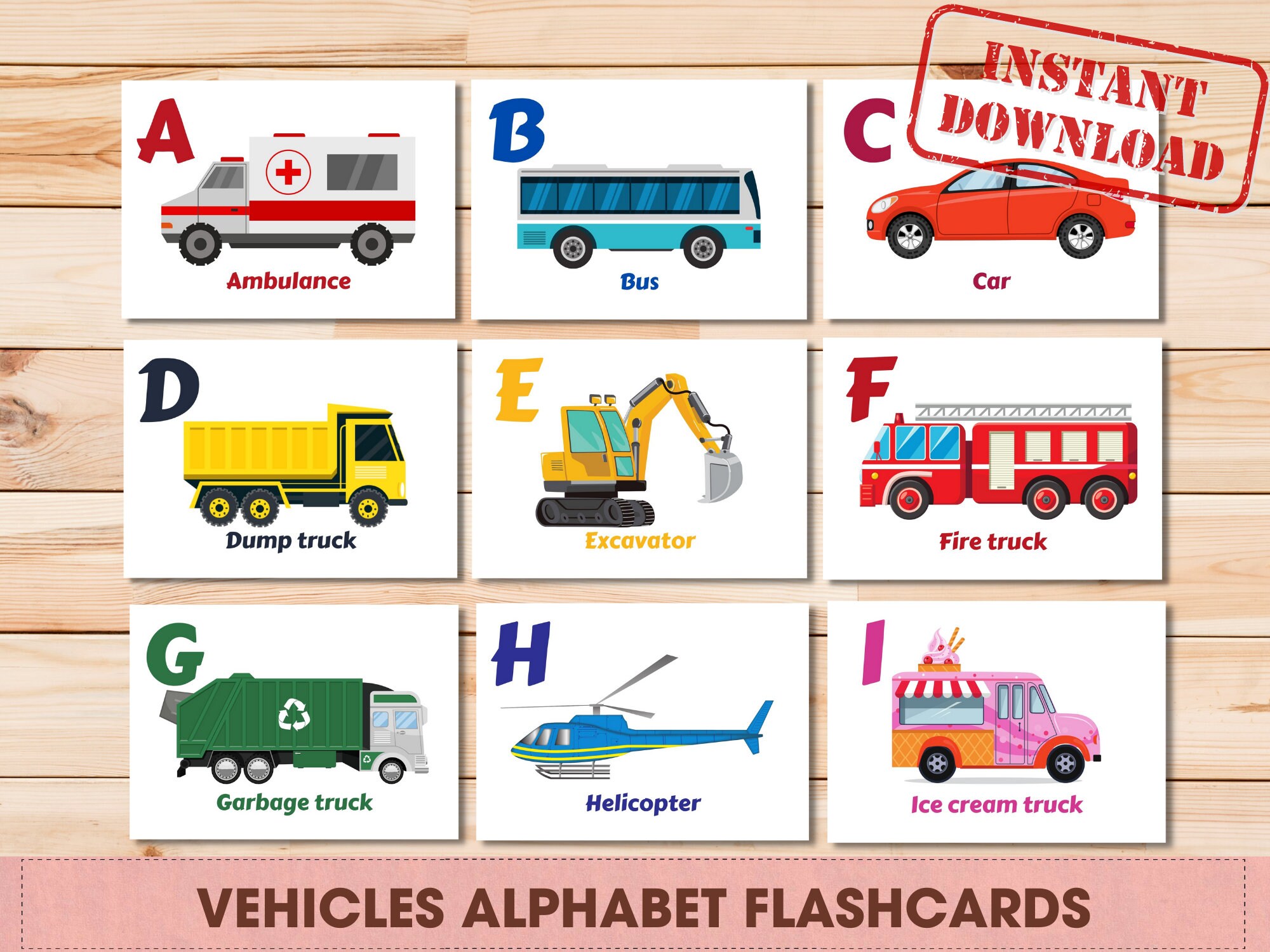 24 Transport Flashcards / Image Cards for Kids preschoolers