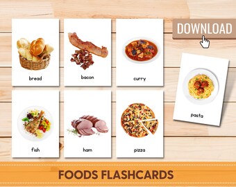 Może przedstawiać: Zestaw kart edukacyjnych przedstawiających różne rodzaje jedzenia, w tym chleb, bekon, curry, makaron, rybę, szynkę i pizzę. Karty edukacyjne są białe z czarnym tekstem i obrazami jedzenia.