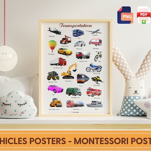Cartel de modo de transporte (imágenes reales), cartel de vehículos, carteles Montessori, guardería de transporte, guardería de transporte, construcción de autobuses