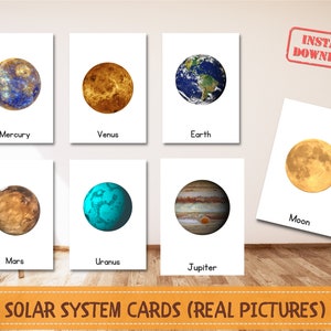 Solar System (Real Pictures), Solar System Planets, Montessori Printable Flashcards, Planet flashcards, Homeschool Materials, Planets Names