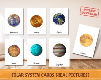 Solar System (Real Pictures), Solar System Planets, Montessori Printable Flashcards, Planet flashcards, Homeschool Materials, Planets Names