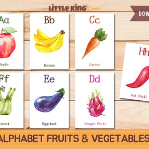 Flashcards de frutas e vegetais, cartões flash do alfabeto para impressão, pré-escola, jardim de infância, aquarela de frutas e vegetais