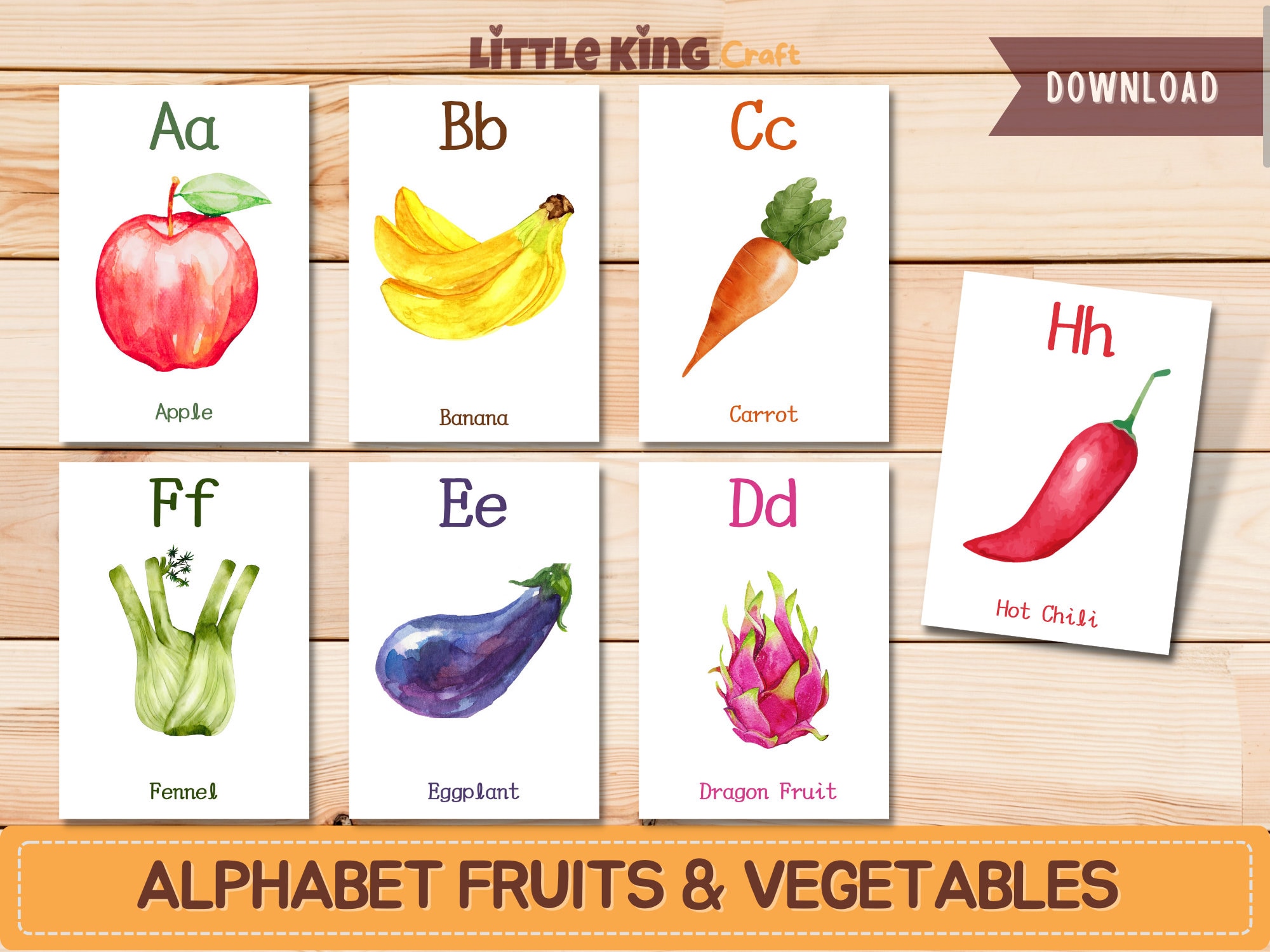 Fruits and Vegetables Flashcards, Printable Alphabet Flash Cards, Preschool, Kindergarten, Fruits and Vegetables watercolor