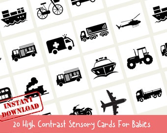 Transport Flashcards, Vehicles flashcards,  Newborn Baby Sensory Flashcards, Black & White Flashcards, Stimulation cards, toddler activities