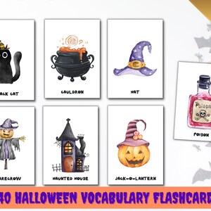 Flashcards de vocabulário de HALLOWEEN para impressão, FlashCards de nomenclatura, cartões Montessori para crianças, flashcards de Halloween pdf