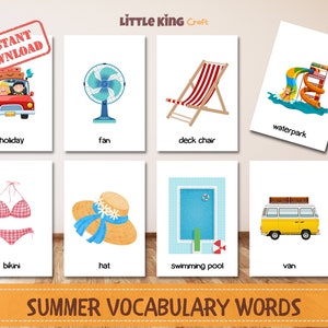Summer Vocabulary Words with Pictures, Summer Holiday Activities for Kindergarten, Printable Flash cards, Toddler cards, Nomenclature Cards