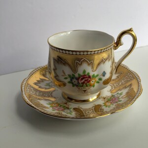Vintage Royal Albert Tea Cup and Saucer, Gold and Floral Hand Painted, Royalty Pattern Hampton Shape, Made in England 1930s