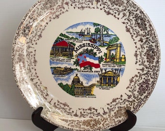 Plato de recuerdo vintage de Mississippi, cerámica con filigrana dorada, 25 cm
