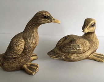 Vintage Pair of Baby Duck Figurines Farm Pond Puddlers Signed Vincent Giannetto Resin