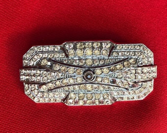 Vintage Czech Art Deco Chrome Rhinestone Brooch, Marked Czechoslovakia, 1920s