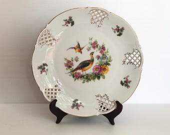 Plato vintage Bavaria Schumann con diseño reticulado de faisán chino y flores, 25 cm