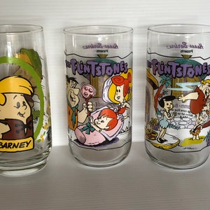 Vintage Flintstones Cartoon Characters Drinking Glasses Hardees/Pizza Hut Collector Series, 3 Different Patterns Sold Individually