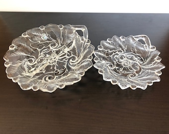 Vintage Set of 2 Indiana Glass Wild Rose Clear Serving Dishes with Handle, Divided Clear Glass Leaf Hors D'oeuvre / Relish Dish