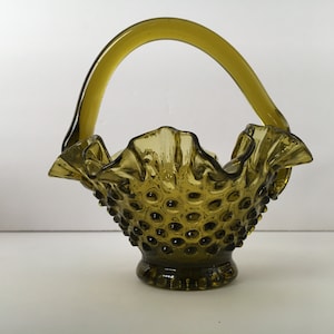 Vintage Amber/Green Hobnail Basket 6&quot; Ruffled Crimped Rim Candy Dish